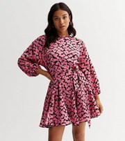 New Look Petite Pink Heart Long Puff Sleeve Mini Dress